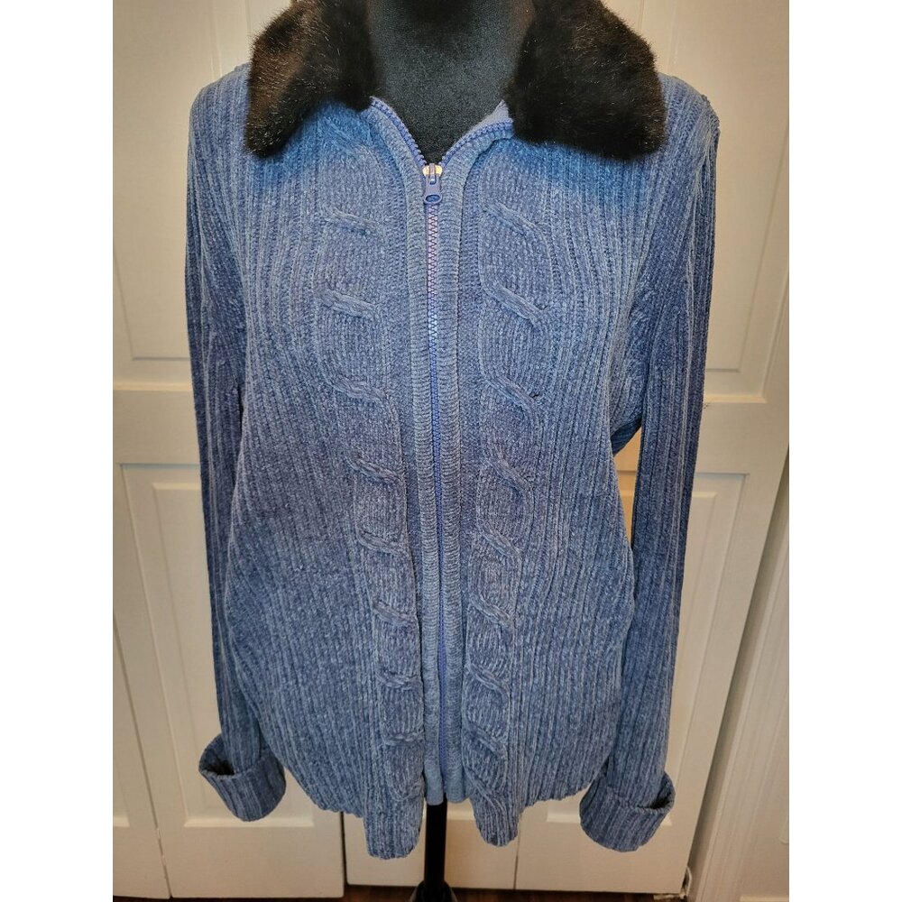 Alfred Dunner Blue Chenille Zip Sweater Faux Fur Collar M Retro Y2k Holiday Cozy